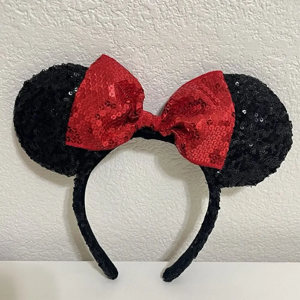 Disney Parks Minnie Mouse Black Sequin Red Bow Sequin Ears Headband